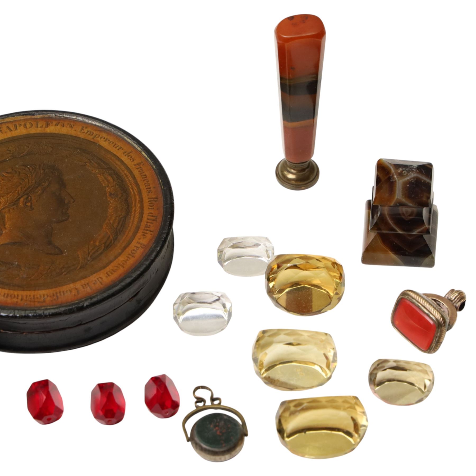 19th century papier mache snuff box, the cover with a papal figure, possibly Pope Pius, a French circular snuff box decorated with details of the life of Napoleon Bonaparte, pinchbeck seal, agate desk seal and various others