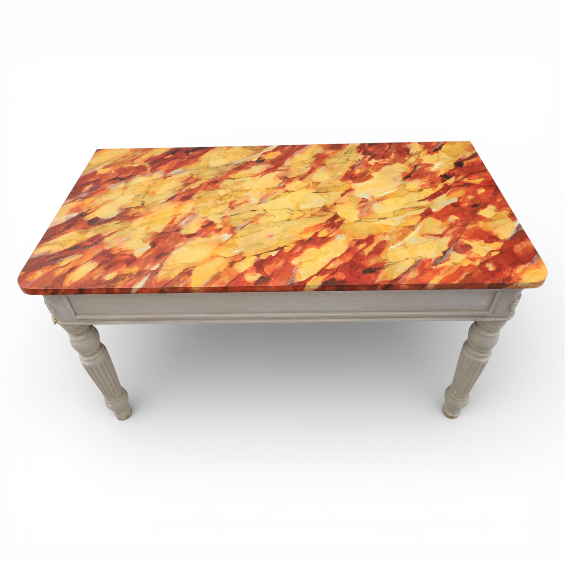 A pair of 19th century style pine console tables, with rectangular simulated marble top over a painted frieze, raised on fluted and turned tapering legs