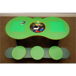  Child's play bench inset with two green Lego bases and a piece recess, 115cm x 108cm, H54cm  