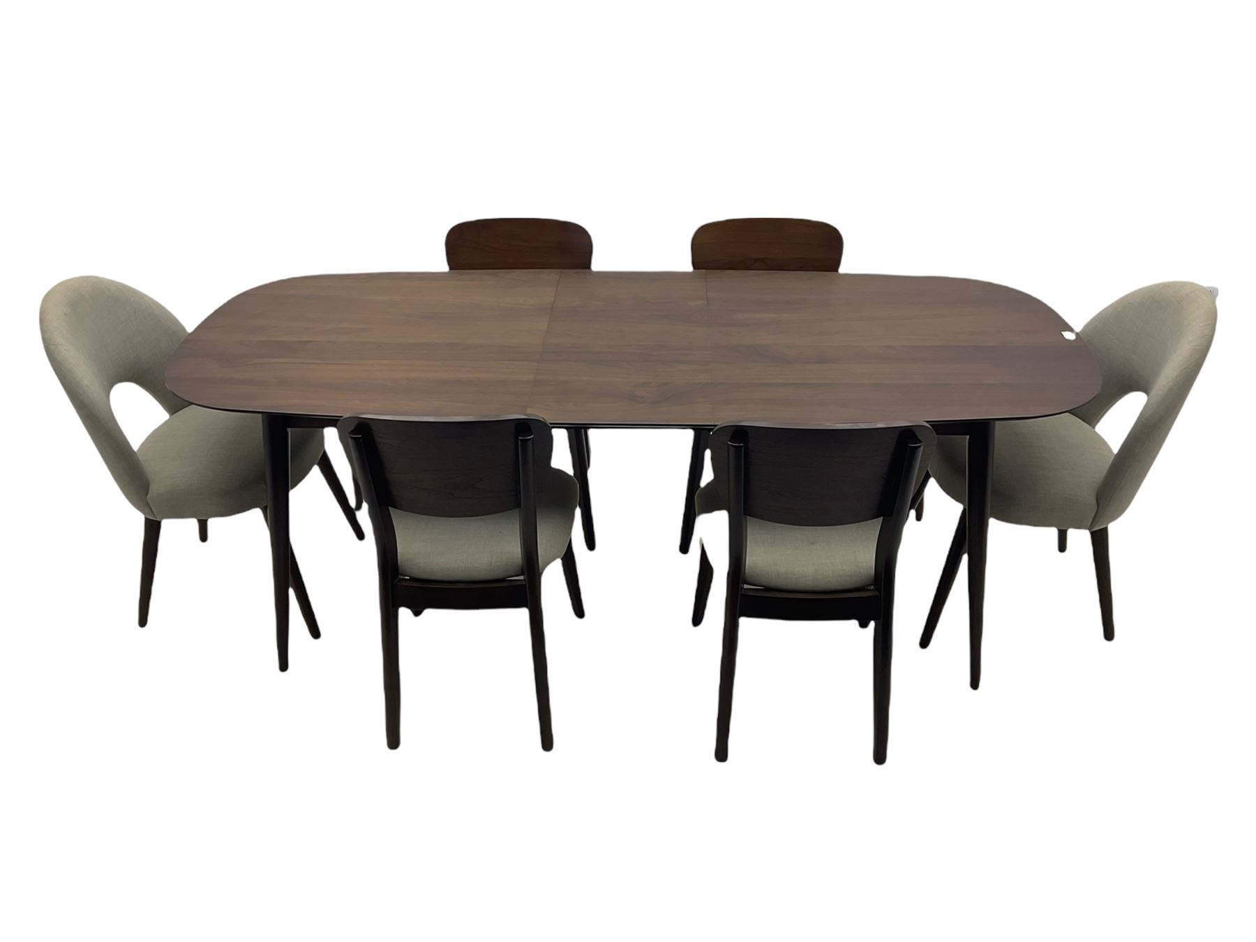 Bentley Designs - Premier collection 'Oslo' contemporary walnut extending dining table and six chairs upholstered in steel grey fabric. 