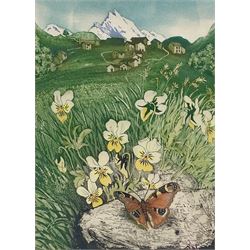 David Koster (British 1926-2014): 'Mountain Pansies', coloured etching signed titled and numbered 70/150, 21cm x 16cm