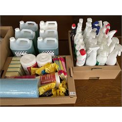 Assortment of cleaning products, washing up liquid, floor gel, bin liners, sponge scourers, kitchen gloves, furniture polish, antibacterial cleaners, multi surface cleaners etc - LOT SUBJECT TO VAT ON THE HAMMER PRICE - To be collected by appointment from The Ambassador Hotel, 36-38 Esplanade, Scarborough YO11 2AY. ALL GOODS MUST BE REMOVED BY WEDNESDAY 15TH JUNE.