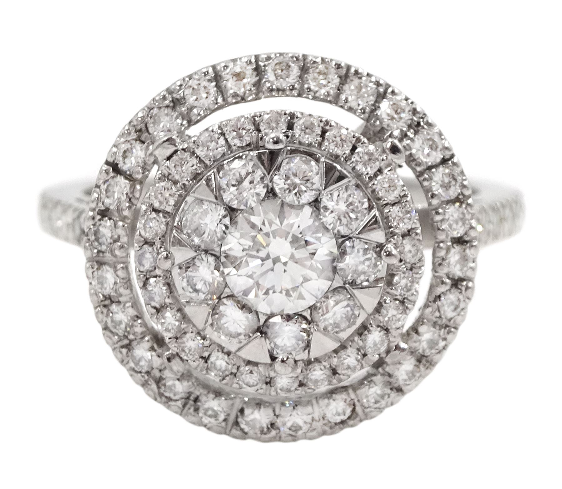 18ct white gold pave set round brilliant cut diamond halo cluster ring, with diamond set shoulders and gallery, hallmarked