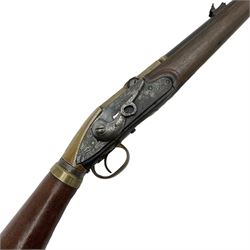Late 18th century 7.2mm (approx. .28 calibre) Girandoni system single shot reservoir air rifle, the 62cm steel barrel with swivelling two-leaf rear sight, brass breech decorated with a sunburst and lever opening top loading, engraved steel lock-plates marked 'S. Gaskell' to the right side underneath the cocking lever, brass trigger guard,  leather covered steel butt reservoir of tapering conical form with brass ferrule and walnut fore-stock with horn mounts L107cm overall