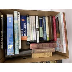 Collection of books to include Readers Digest Great World Atlas, the Macmillan Encyclopedia, poetry books, art reference books etc, in four boxes    