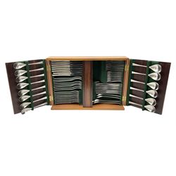 Old Hall Alveston pattern cased canteen, designed by Robert Welch, setting for eight, comprising dinner forks, dinner knives, dessert forks, dessert knives, tea spoons, coffee spoons, soup spoons, dessert spoons, pair of serving spoons and pair of smaller serving spoons