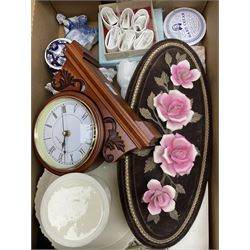 Capodimonte roses wall hanging, Victoria ceramics candle sticks, cake stand, flatware etc two boxes.  