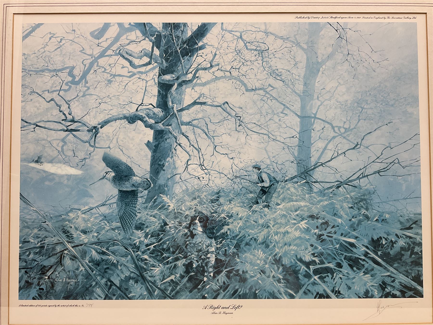 Five limited edition framed coloured prints of shooting interest comprising after C. Stanley Todd game birds taking flight in a mountainous lake landscape no.348/600; after J.C. Harrison game birds in flight over fields no.285/500; after Alan B. Hayman  'A Right and Left?' no.398/850; after Andy Beck 'Pheasant Drive' no.56/350; and after Leo Stans 'Autumn Air'; all signed on the mount; various frames (5)