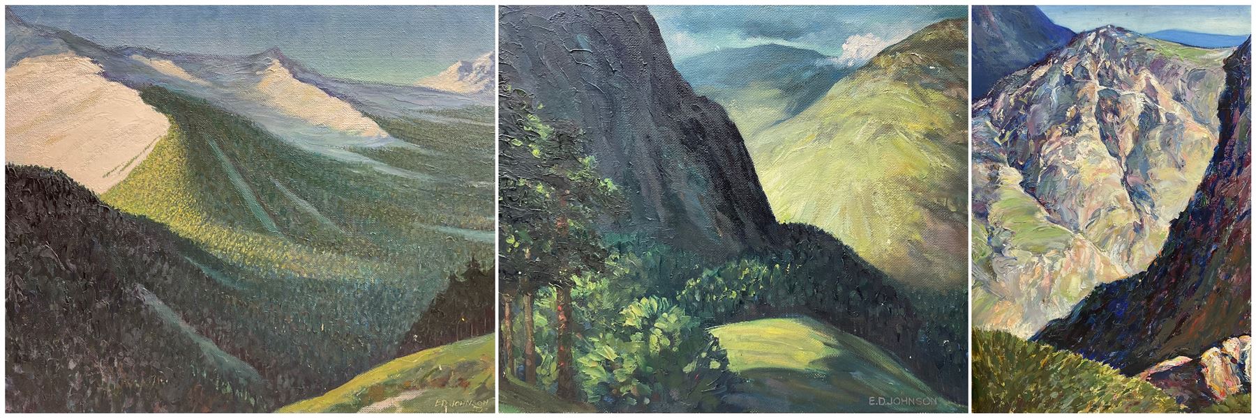 E D Johnson (British 1951-): 'Cumberland', set three oils on board signed, inscribed verso max 55cm x 72cm (3)