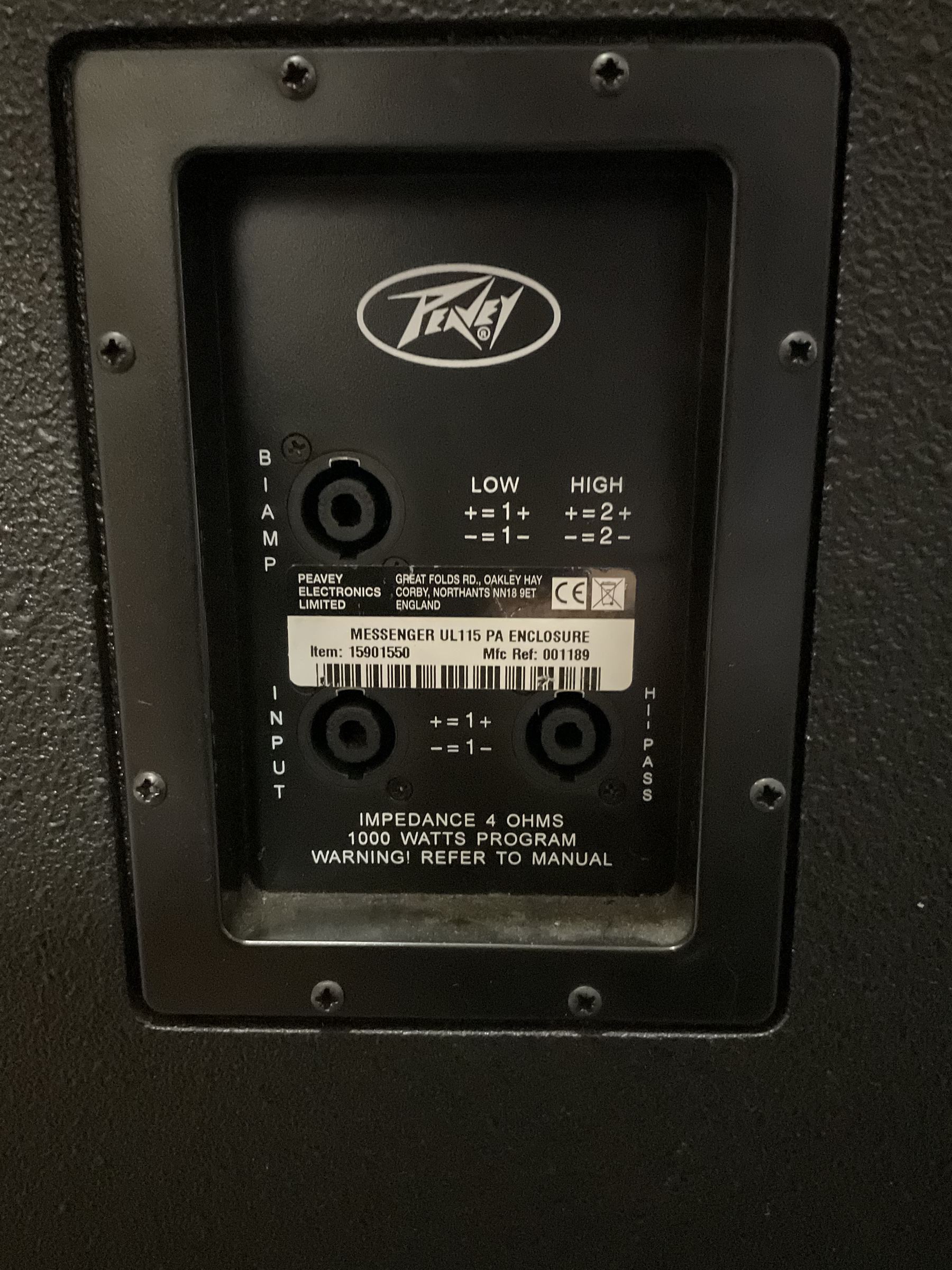 Peavey XR-696F 1200W Amplifier, serial no.K0241228, L47cm; with two Peavey UL bass bins L56cm and two Peavey top speakers L45cm with connecting rods; all with covers; and quantity of heavy duty cables, two microphone cables and microphone stand