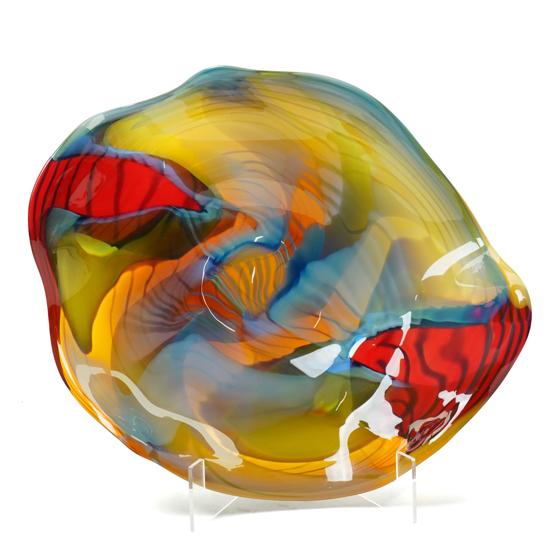 Peter Layton (British 1937-): 'The Arrival of Spring on the Wolds', large and impressive hand blown studio glass platter, signed to base, D60cm 
Provenance: purchased from the David Hockney 'Bigger Picture' exhibition at the Royal Academy in 2012 as part of a series.
Notes: Layton was a fellow student and close friend of Hockney.