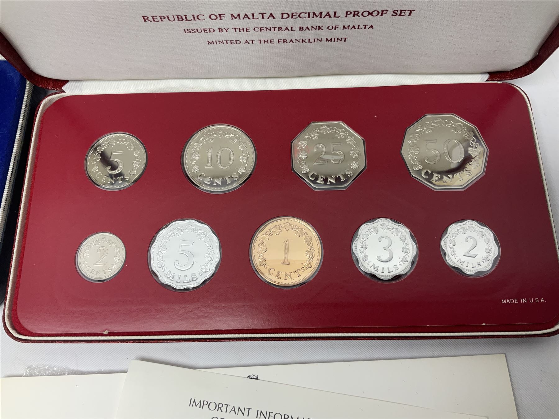 First National Coinage of Barbados 1973 proof eight coin set, from ten dollars to one cent, the ten dollar coin minted in sterling silver, the five dollar coin minted in 800 silver, and a Barbados 1974 proof eight coin set, both minted at The Franklin Mint, cased with certificates; two Republic of Malta decimal proof coin sets, dated 1978 and 1979, the 1979 one pound coin minted in sterling silver, both minted at The Franklin Mint, cased with certificates; Cayman Islands 1973 proof eight coin set, minted at the Royal Canadian Mint, cased; and a Cayman Islands 1979 proof eight coin set, the five dollar to fifty cents coins each minted in sterling silver, minted at the Franklin Mint, cased with certificate (6)