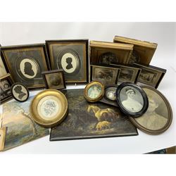 A group of various loose portrait miniatures, some painted examples, various loose silhouettes, a framed pair of printed silhouettes after Miers, plus a number of other framed prints, etc. 