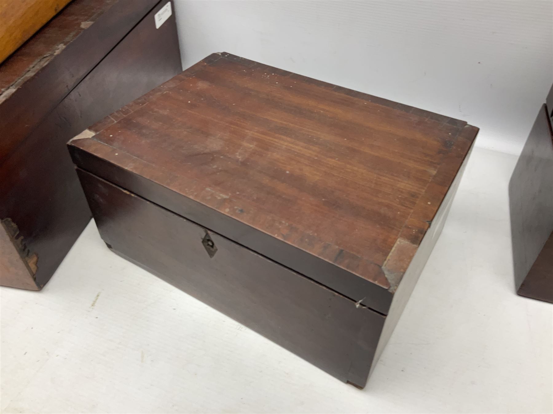 Collection of 19th century and later boxes for restoration, to include a mother of pearl inlay example, oak canteen, large mahogany example etc