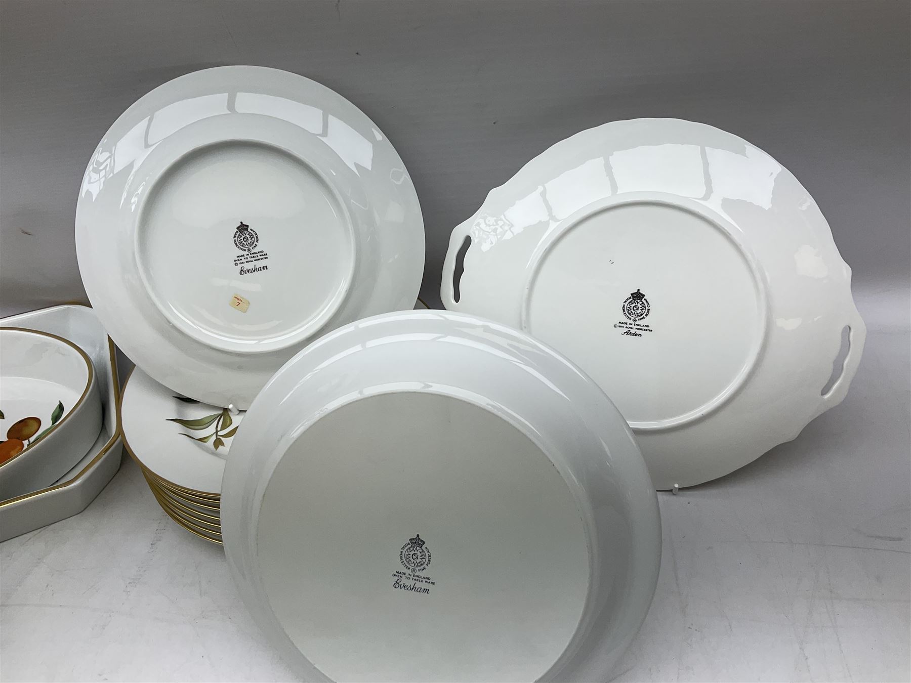 Royal Worcester Evesham pattern dinner wares, to include lidded tureens, eight dinner plates, serving tray, ramekins, jug, seven bowls, egg cups, serving dishes etc, approx 47 pcs, all with printed marks beneath