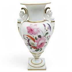 Early 19th century porcelain baluster vase, hand painted with roses, tulips etc having winged caryatid handles, H27cm. Old paper label from D.M. &  P. Manheim inscribed 'Derby'