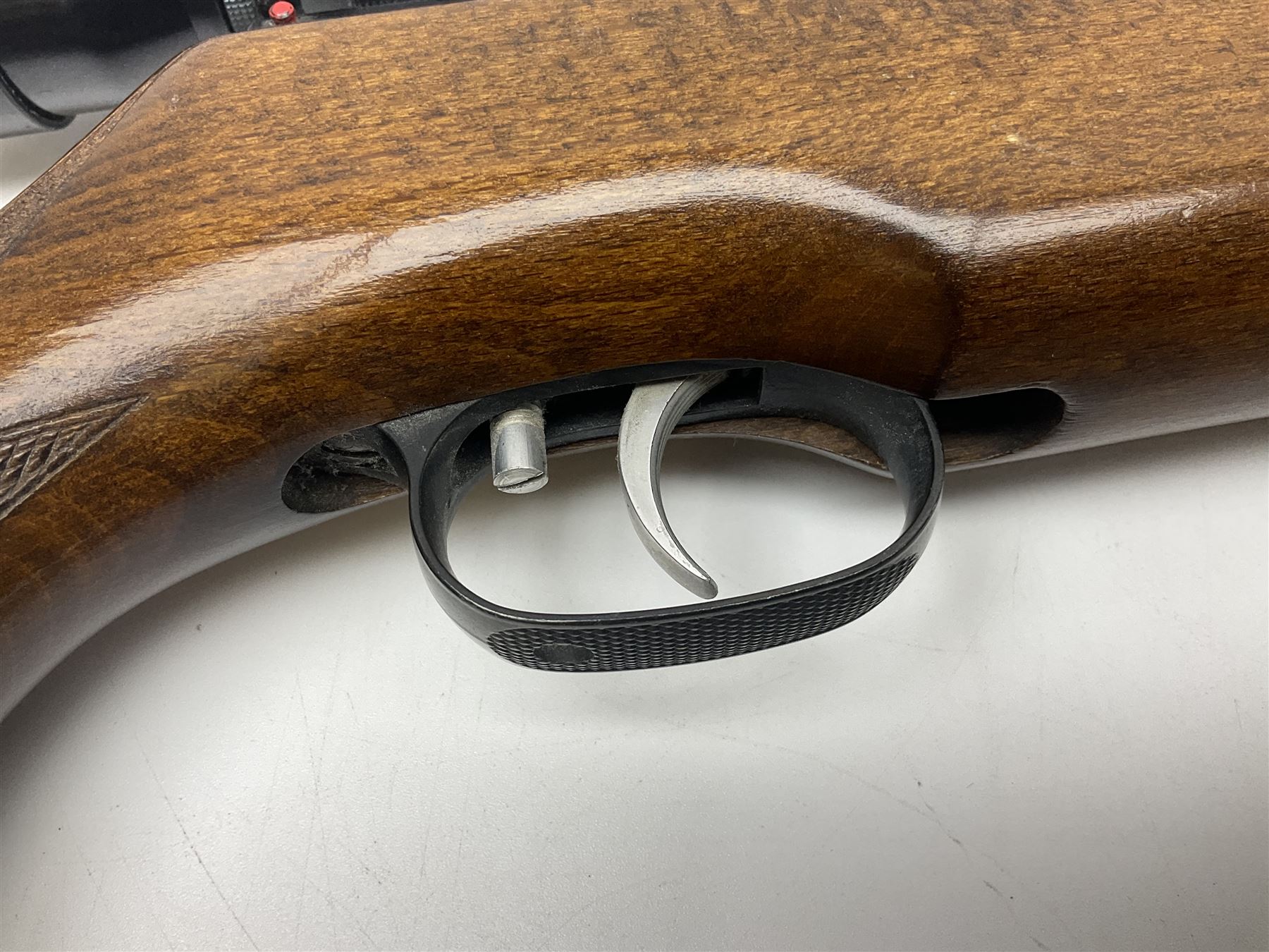 Weihrauch model HW 77 K  .22 air rifle with under lever action, beech stock with chequered pistol grip and Tasco WA39x40-1 scope, serial no.1283661 L102cm overall NB: AGE RESTRICTIONS APPLY TO THE PURCHASE OF THIS LOT