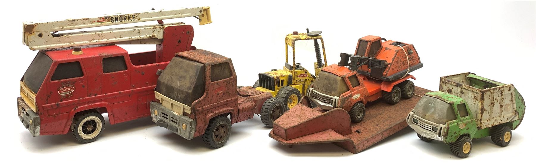 Five Tonka metal vehicles - Simon Snorkel mobile crane, Fork Lift truck, Low Loader, Refuse Wagon and Mobile Crane (5)