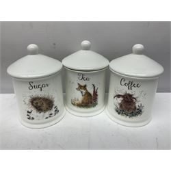 Three Canadian Blue Mountain pottery elephants, Royal Worcester Wrendale designs tea, coffee, and sugar pots and a boxed Rotary watch