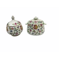 Minton Haddon Hall pattern tea and dinner wares, including basket dish, two covered tureens, six dinner plates, eight dessert plates, twelve tea plates, six soup bowls, six cereal bowls, teapot, coffee pot, milk jug, covered sucrier twelve tea cups and saucers, six mugs, footed bon bon dish, pair of candlestick holders, cake knife and slice etc (81)