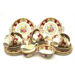 Royal Albert Lady Hamilton pattern tea service comprising twelve tea cups, eleven saucers, twelve tea plates, two serving plates, sugar bowl and milk jug