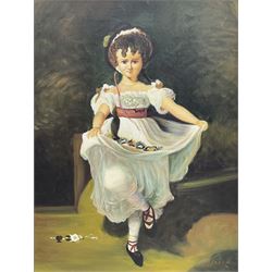 After Edgar Degas (French 1834-1917): Little Girl Carrying Flowers, oil on canvas reproduction signed 'Daniel' 39cm x 29cm