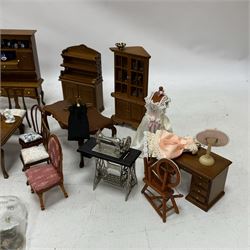1:12 scale dolls house hallway and dining room furniture, including hat stand, mannequin, dressers and cabinets with ceramic ornaments, rocking chair, dining table, side board, dresser, drinks trolley, sewing machine, dining accessories and food, etc