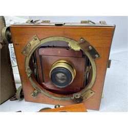 Sands Hunter & Co Ltd folding 1/4 plate camera in mahogany and lacquered brass, with two lenses and leather case