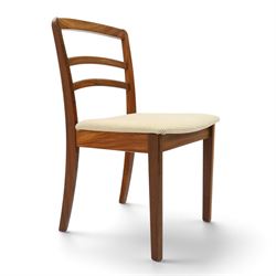 G-Plan - set of four mid-20th century teak 'Fresco' dining chairs, low ladder back on seats upholstered in chequered fabric, on square tapering supports