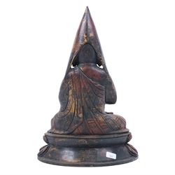 20th century bronzed Tibetan figure Tsongkhapa, seated upon a double lotus leaf, H30cm
