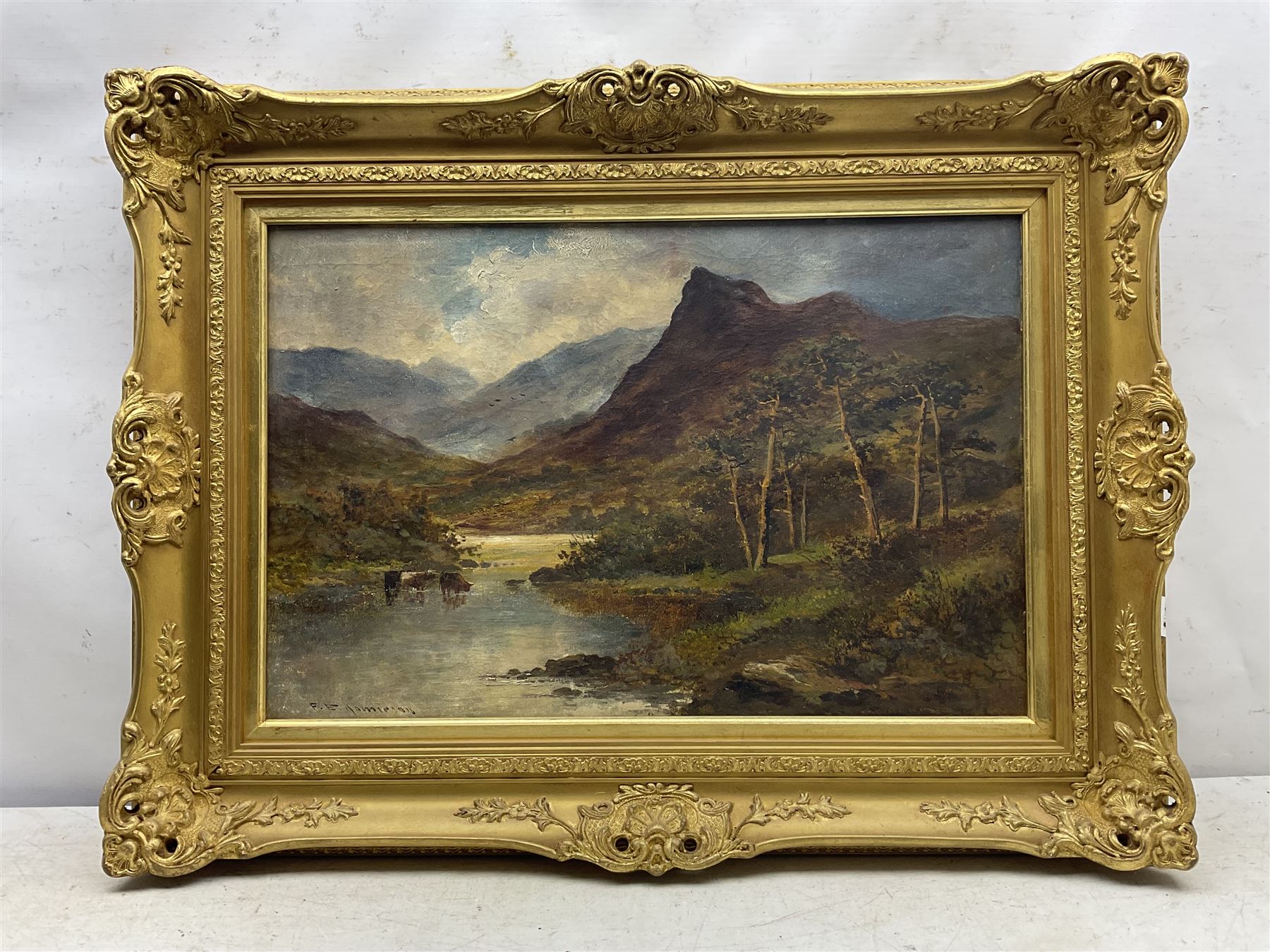 Francis E Jamieson (Scottish 1895-1950): Cattle Watering in the Highlands, oil on canvas signed 39cm x 59cm