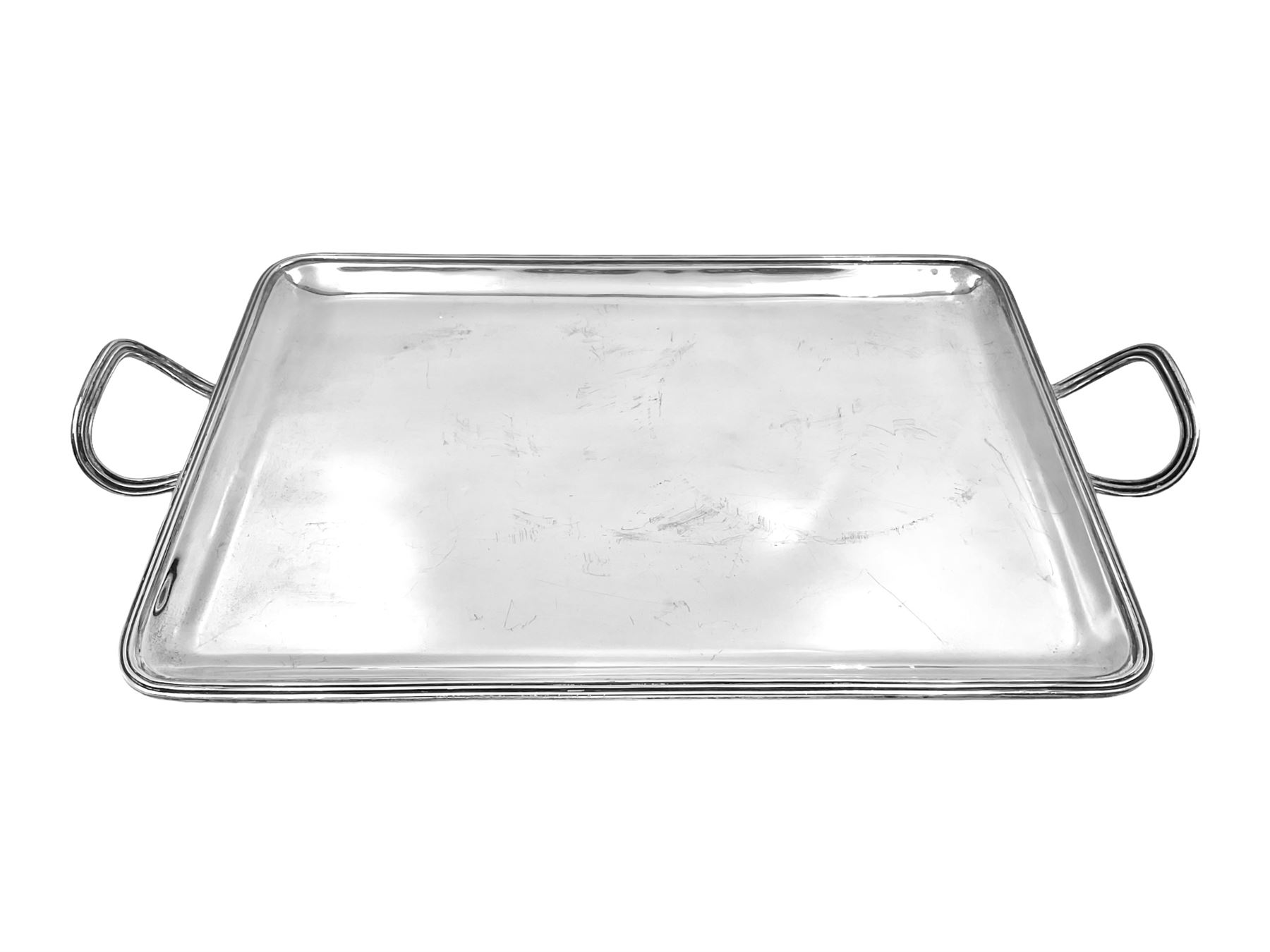 Small early 20th century silver tray, of rectangular form with reeded edge and twin reeded handles, hallmarked Asprey & Co Ltd, London 1914, including handles W26.5cm