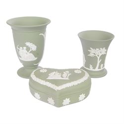 Wedgwood sage green jasperware to include Bowl, vases, covered trinket dish, plate etc