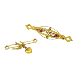 Victorian gold amethyst and split seed pearl bar brooch, stamped 9ct and Victorian gold swallow and heart bar brooch hallmarked, both retailed by Samuel Sharpe in original boxes

Notes: By direct decent from Sharpe family