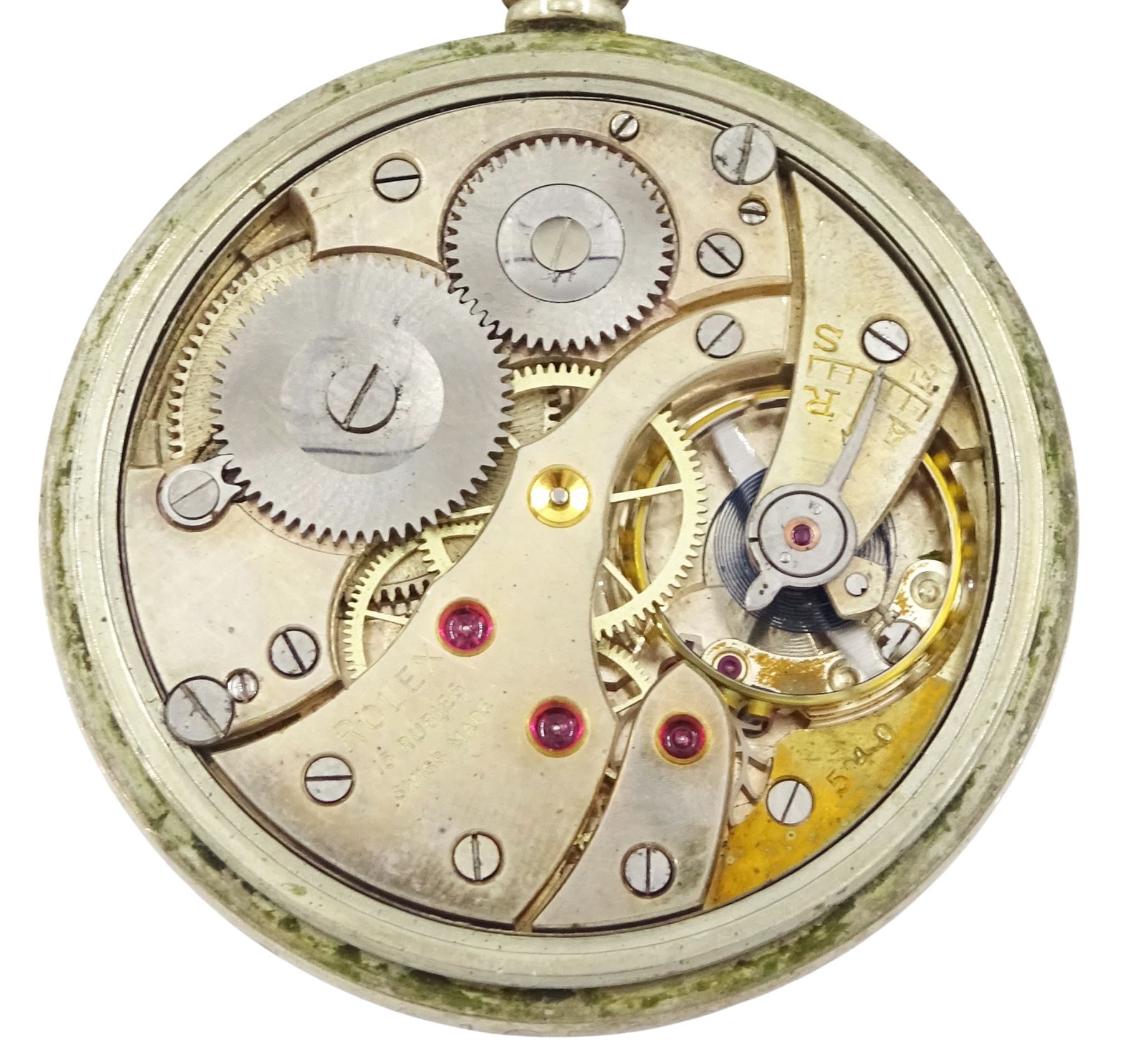 Rolex WWII military issue nickle plated, open face keyless lever pocket watch, Cal. 540, black dial with Arabic hour markers and subsidiary seconds dial marked A.12059, screw back case with broad arrow and markings A.10760 G.S.MKII