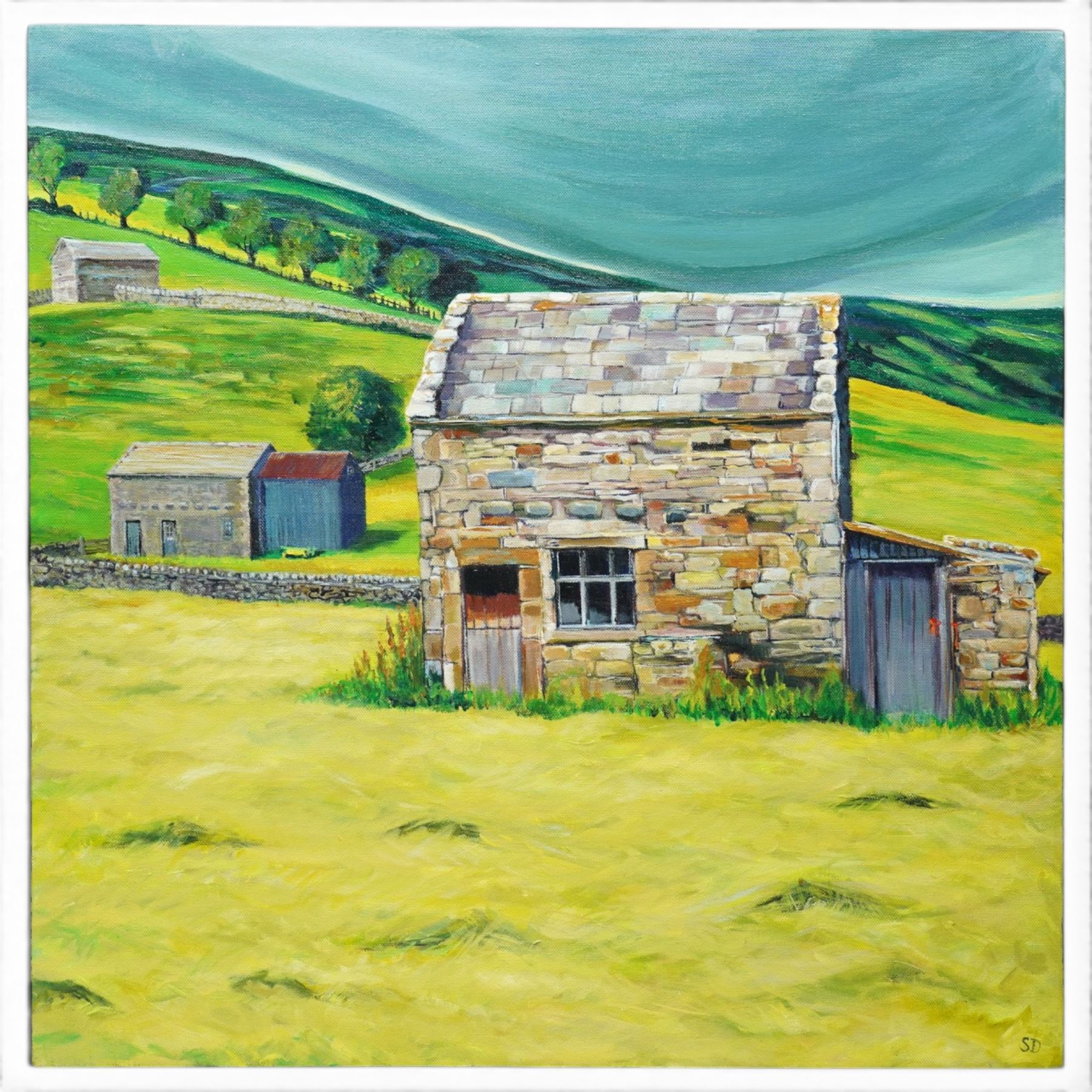 Sue Dewhurst (British Contemporary): 'Barn with Blue Door' 'Blue Metal Barn' 'Haytime' and others, set of five oils on canvas variously signed and titled, max 61cm x 61cm (5)