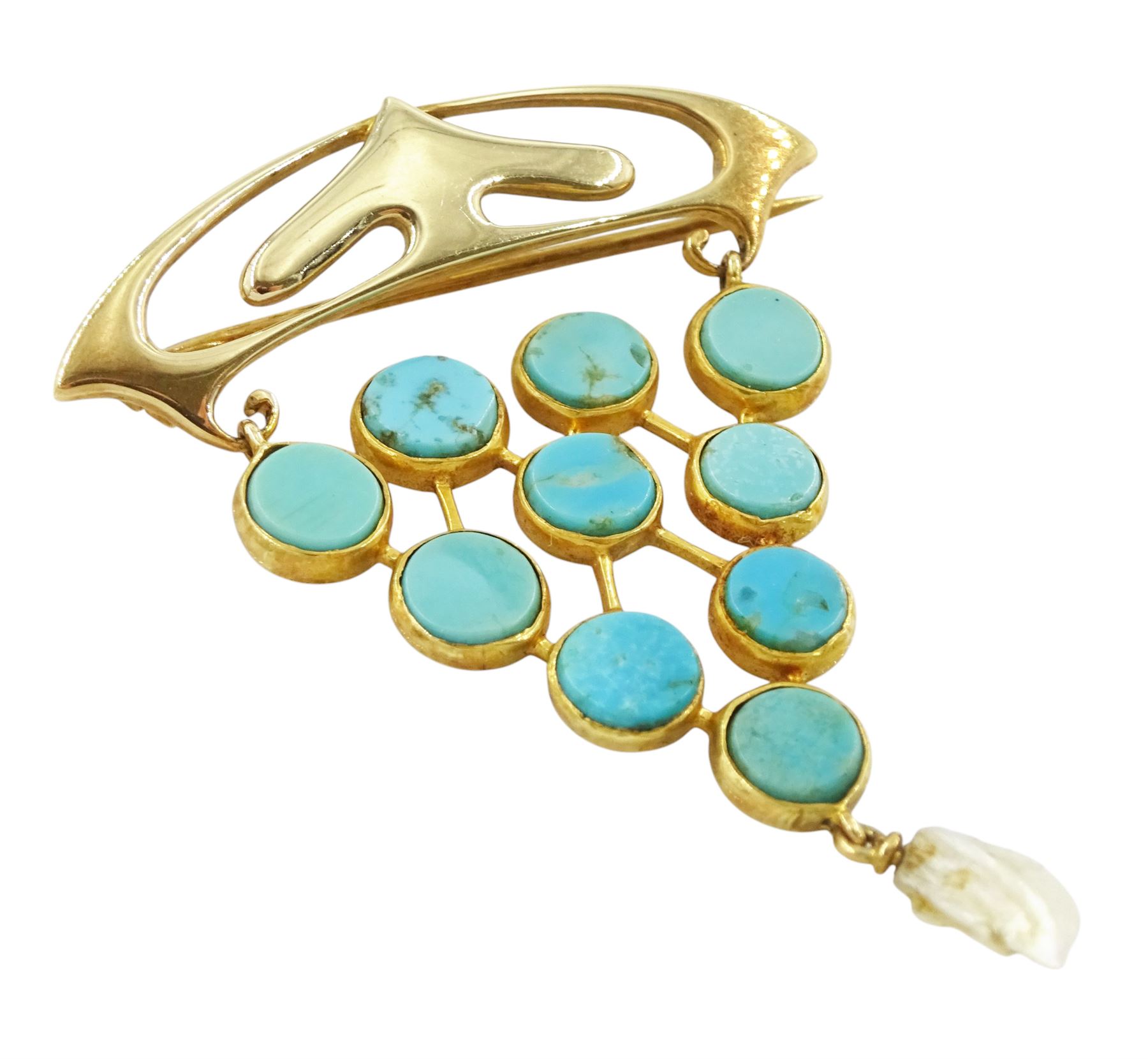 Murrle Bennett Art Nouveau gold turquoise and pearl brooch, stamped 15ct