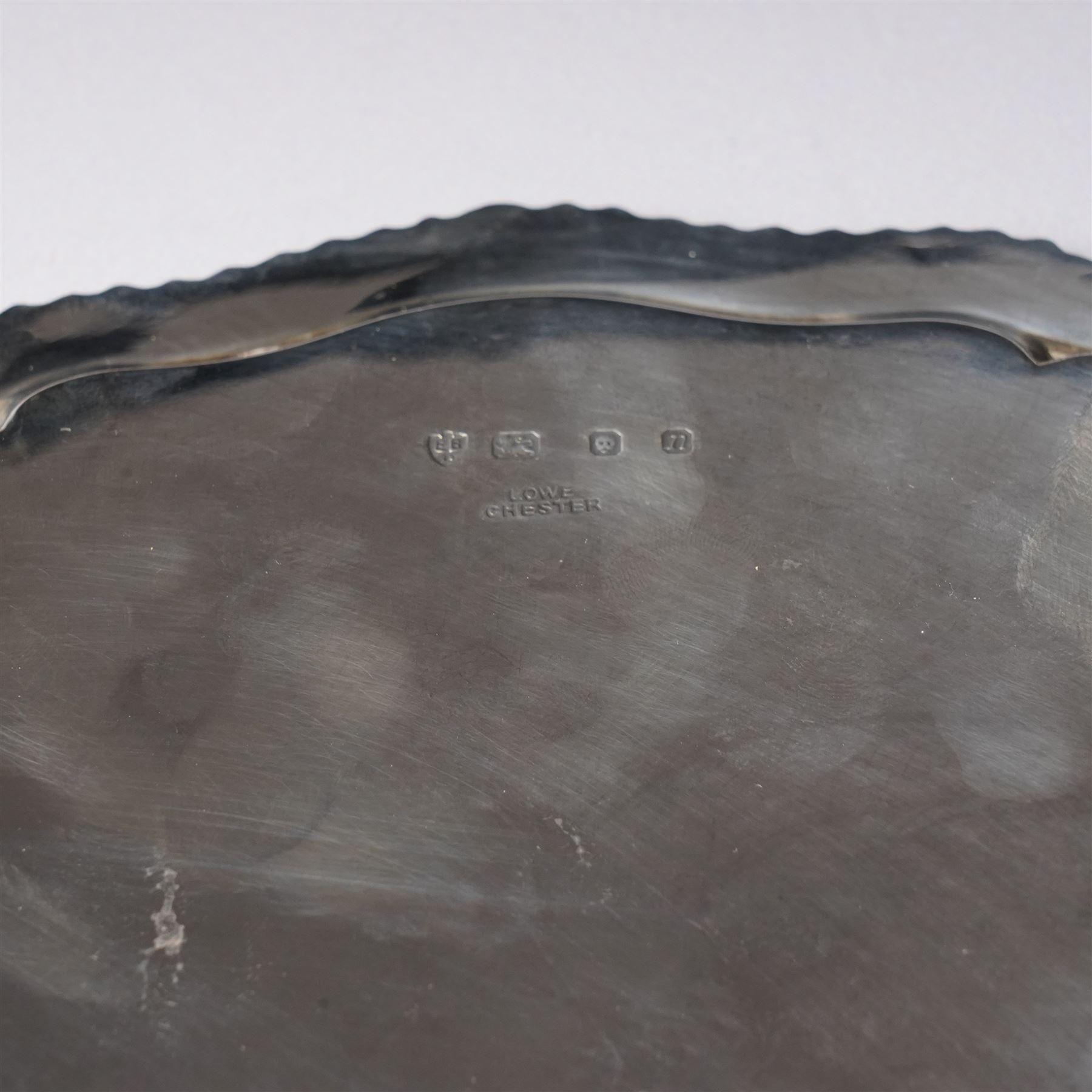 Silver circular salver with gadrooned border on shaped supports D25cm London 1968 Maker Edward Barnard & Sons Ltd