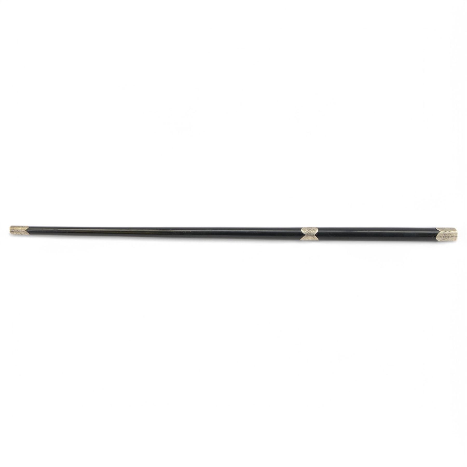 Victorian ebonised wooden conductors baton, with silver caps and collar, the silver collar engraved E. Robinson 30th Nov 1879, L51cm