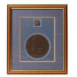 WWI death plaque awarded to Ted Connelly, framed with Canadian General Service cap badge, together with the book, Ted Connelly Brief Encounter by Mick Sherrington, outlining the history of Ted Connelly, Frame H37cm  