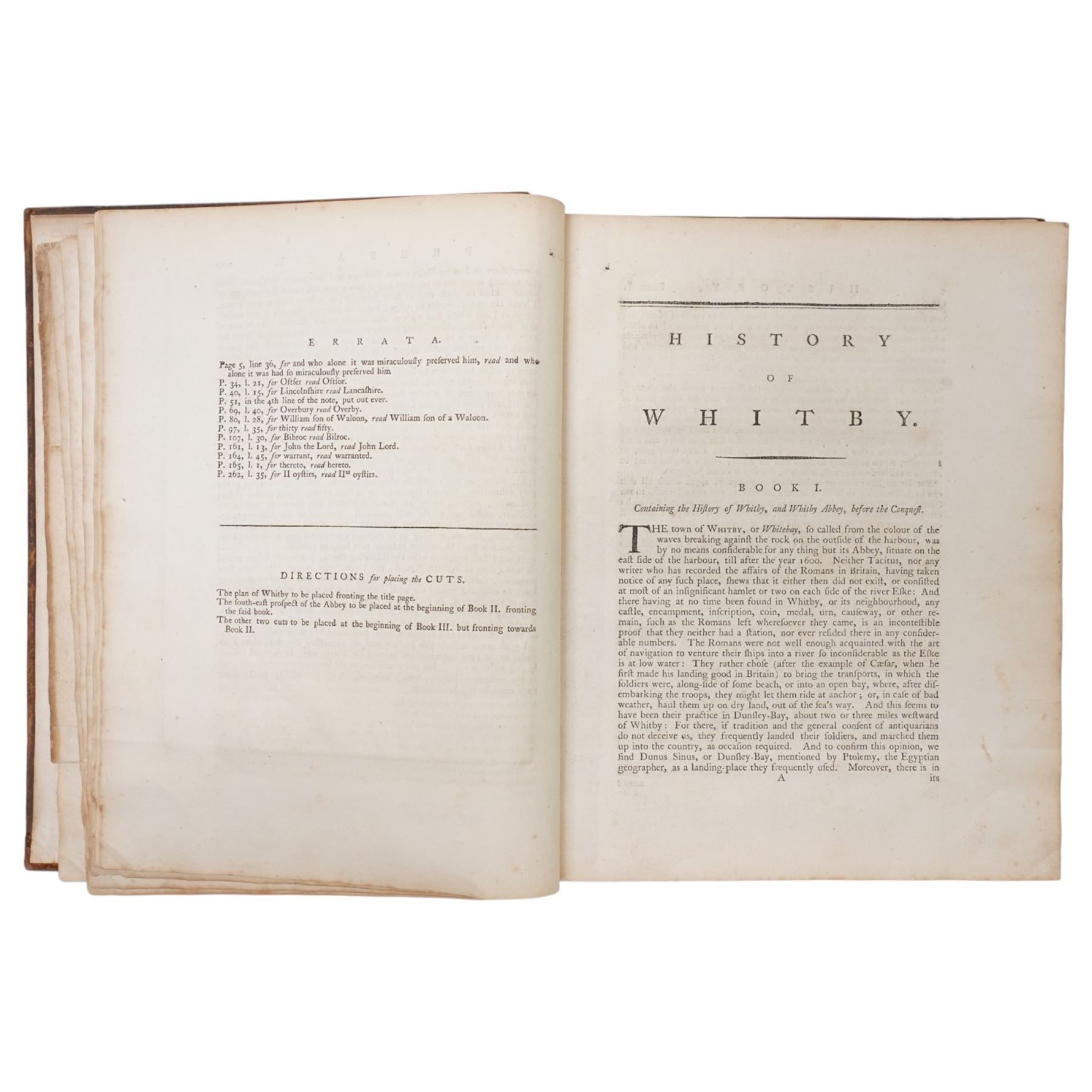 Charlton, Lionel -' History of Whitby and of Whitby Abbey' printed by A Ward 1779 with folding plan, black and white plates, Thomas Fishburn book plate, leather boards