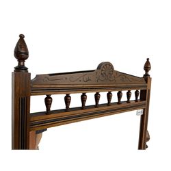 Late Victorian Aesthetic Movement walnut and inlaid ebony dressing table, swing mirror back with shell carving and spindle support rail, fitted with two trinket drawers and single frieze drawer, raised on ring turned supports with castors