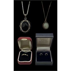 9ct gold opal pendant necklace, 9ct gold paste ring and a pair of silver Whitby jet earrings