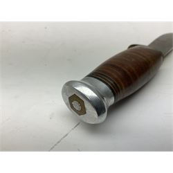 Graduated set of three Bowie knives by J. Nowill & Sons Sheffield England Est. AD1700, each with steel blade, brass cross-piece, stacked leather type grip and alloy pommel; largest blade 13cm and smallest 7.5cm; each in leather sheath (3)