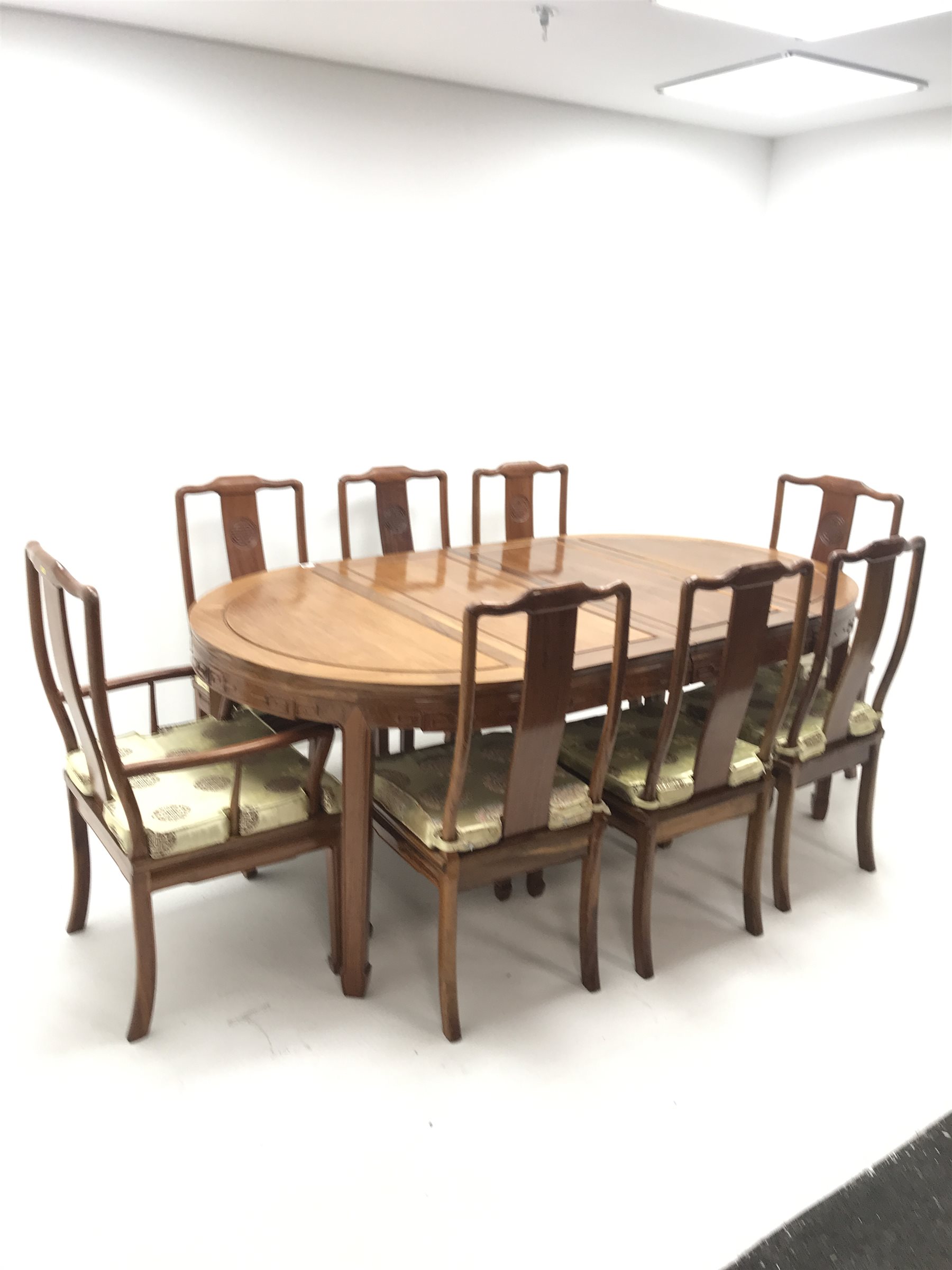 Chinese rosewood extending dining table with two leaves, square tapering supports on spade feet (W203cm, H78cm, D112cm) and set eight (6+2) chairs (W56cm)