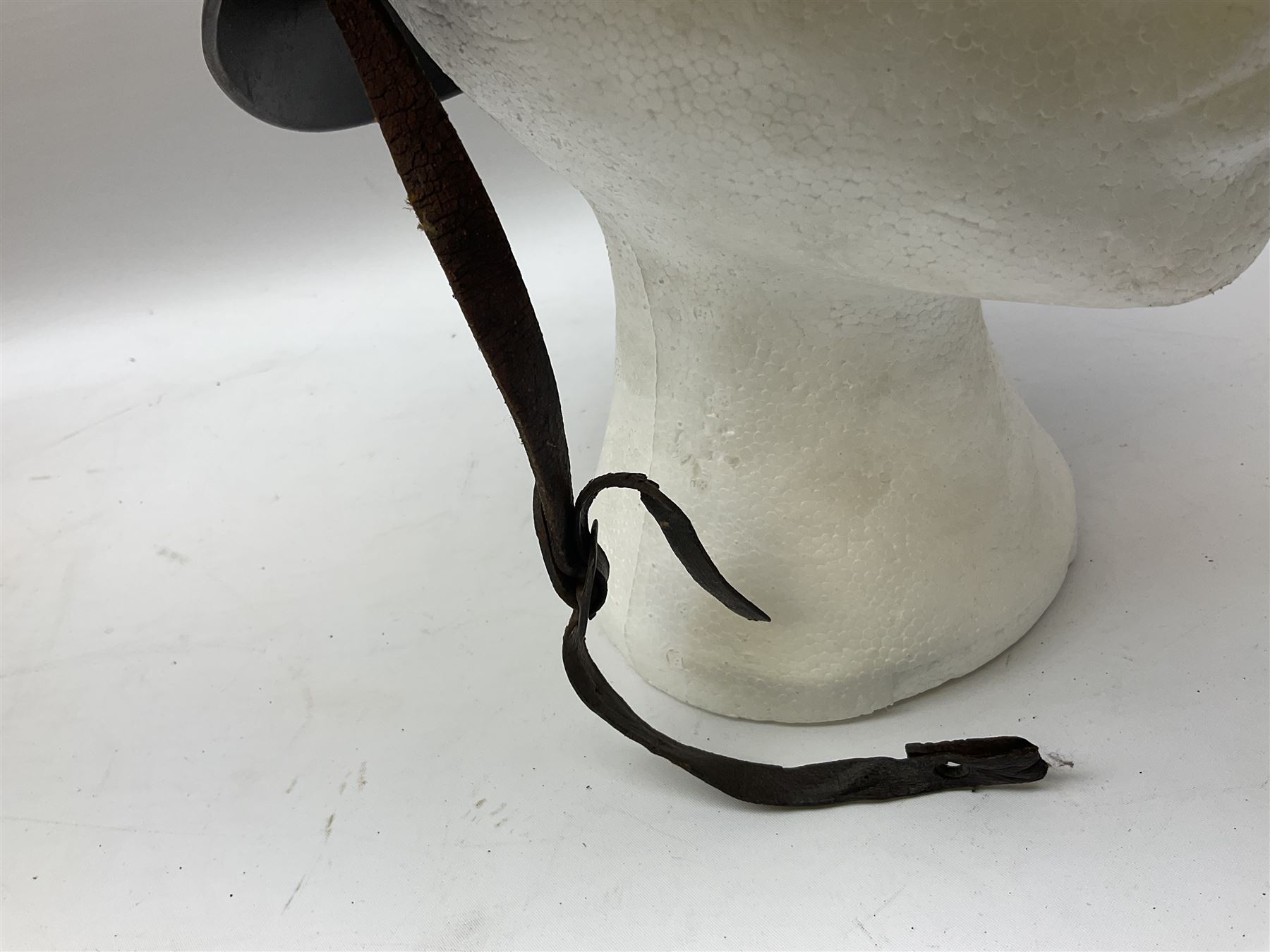 WW2 French M-26 Adrian Pattern Steel Helmet, original olive drab paint finish; flaming grenade badge to the front signifying issue to an Infantry regiment; original leather liner and leather chinstrap; and WW2 Dutch steel helmet with liner and chin strap (2)