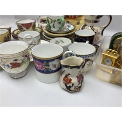 Royal Worcester teacups, coffee cans and saucers, together with two Mason's jugs, Aynsley Orchard Gold coffee can, side plate and saucer, other similar ceramics and a collection of miniature clocks