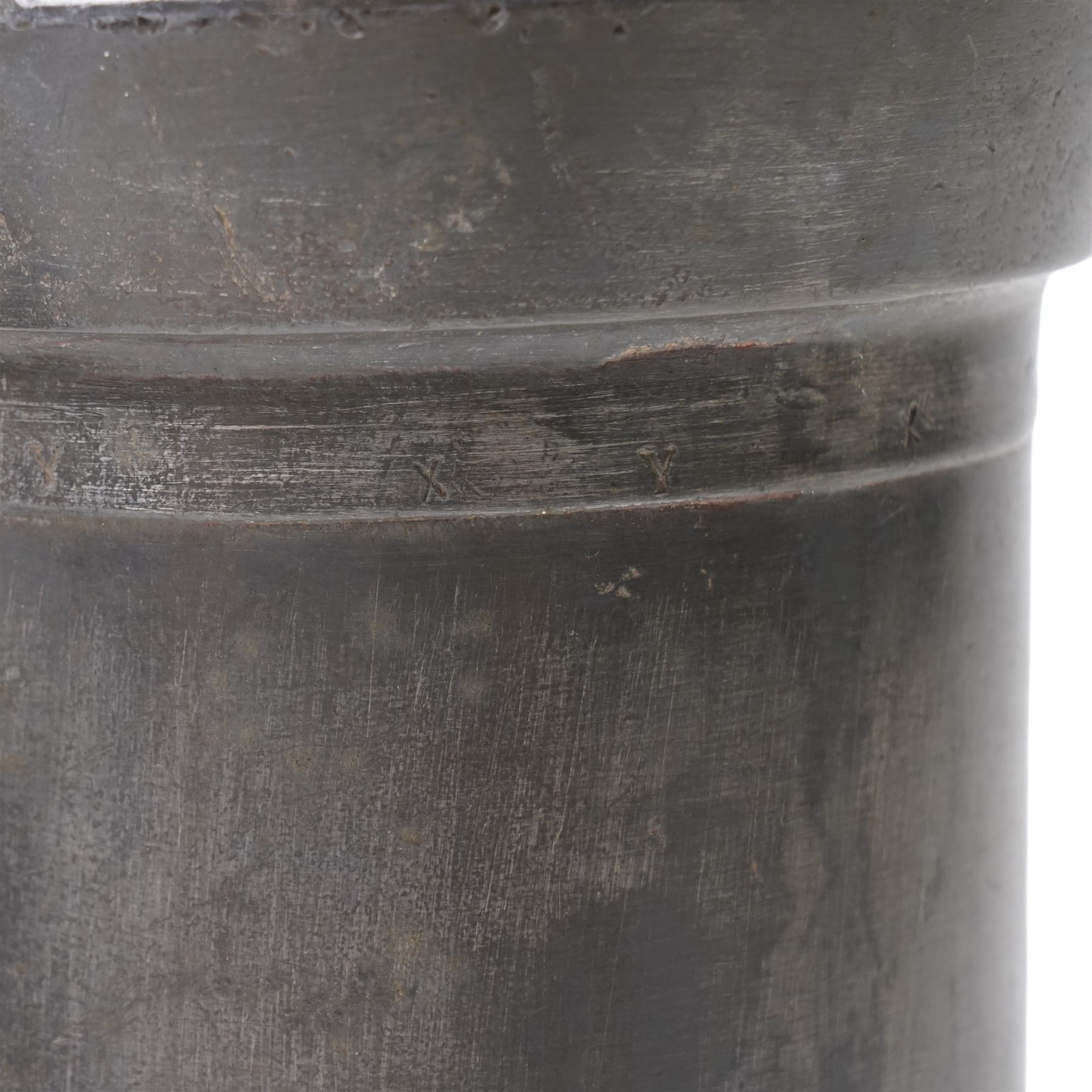 Set of six Continental 19th century graduated pewter lidded measures, each of cylindrical form with touch marks to base, max H22cm 
