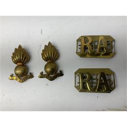 Royal Artillery 9ct gold and enamel sweetheart brooch in original box; together with Royal Artillery shoulder title, brass badges and buttons; and WW2 Defence Medal in issue box to 232775 addressed to Mrs. J.M. Morgan