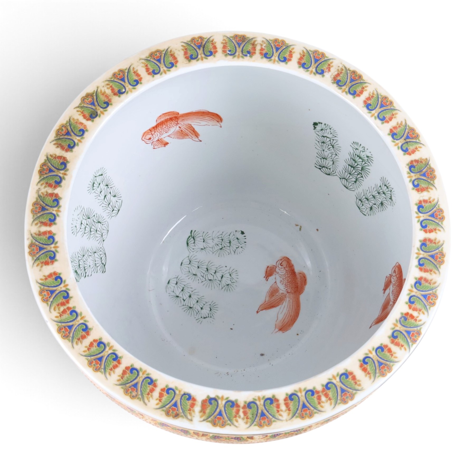 20th century Chinese fish bowl, decorated to exterior with figures surrounded by floral panels the  interior decorated with fish, together with a similar smaller example, largest H32cm